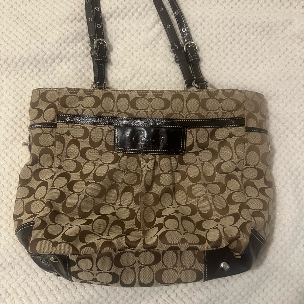 Coach Tan and Black Signature Tote Bag
